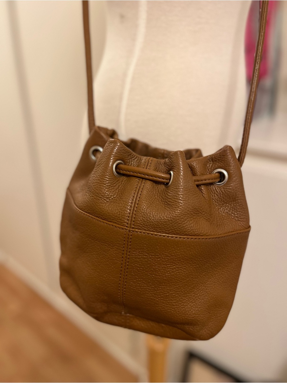 Tignanello Caramel Brown Pebbled Leather Drawstring Crossbody - Picture 7 of 10